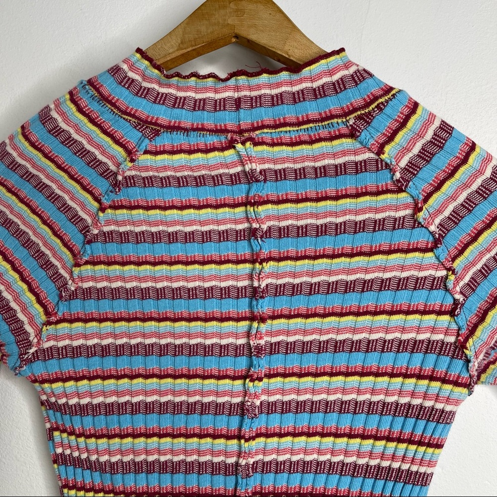 Free People Retro Mirror Blue Striped Mock Neck Ribbed Long Sleeve Crop Top Sz S - Picture 16 of 16